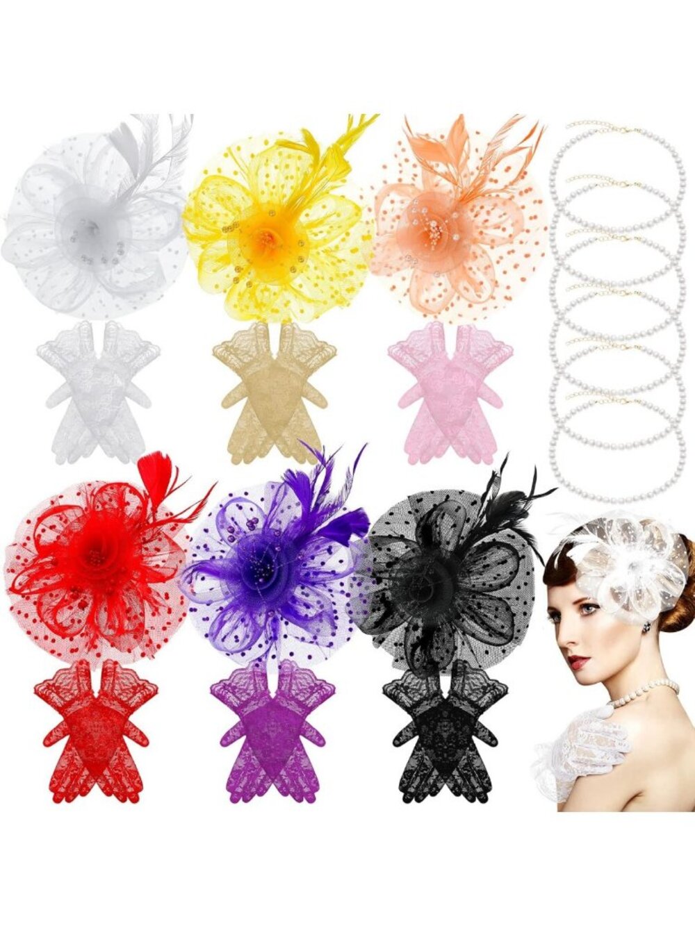 Elegant 18-Pc Fascinator Hat Set with Lace Gloves & Pearl Necklace for Women